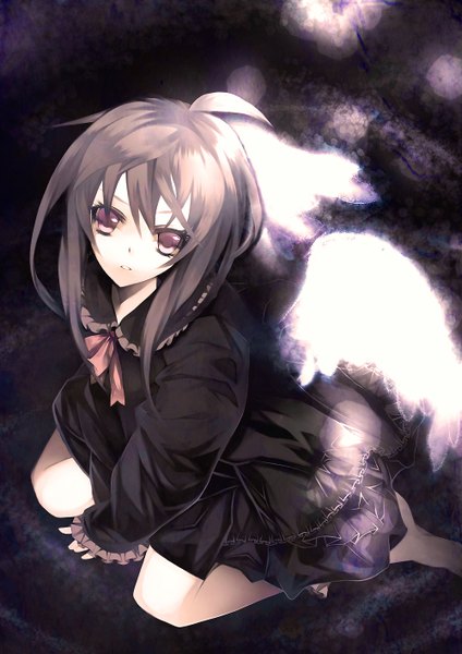 Anime picture 1000x1414 with original chisa (misaaa) single long hair tall image looking at viewer brown hair sitting purple eyes barefoot from above angel wings girl dress wings black dress