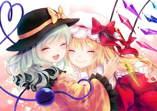 Anime picture 850x602 with touhou flandre scarlet komeiji koishi nunucco blush fringe short hair blonde hair smile multiple girls silver hair eyes closed hug ^ ^ girl 2 girls hat wings bonnet crystal