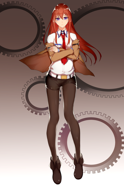 Anime picture 2361x3541 with steins;gate white fox makise kurisu horz single long hair tall image looking at viewer blush fringe highres simple background hair between eyes brown hair standing purple eyes full body bent knee (knees) open clothes open jacket