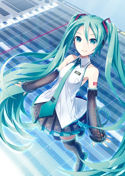 Anime picture 842x1190 with vocaloid hatsune miku hatsune miku (vocaloid3) ixima single tall image looking at viewer smile twintails bare shoulders very long hair aqua eyes aqua hair girl skirt detached sleeves necktie headphones thigh boots