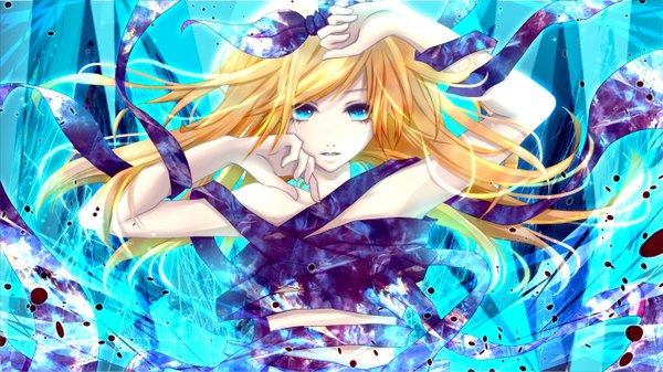 Anime picture 1400x788 with vocaloid kagamine rin single long hair blue eyes blonde hair wide image girl bow hair bow