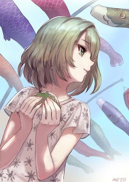 Anime picture 700x990 with idolmaster idolmaster cinderella girls takagaki kaede meto31 single tall image fringe short hair smile brown hair holding green eyes signed looking away sky upper body outdoors profile from below short sleeves