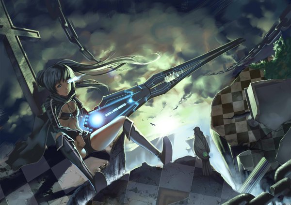 Anime picture 2480x1753 with black rock shooter black rock shooter (character) inoi single long hair highres black hair sitting twintails sky cloud (clouds) glowing glowing eye (eyes) checkered sad broken girl weapon animal bird (birds)