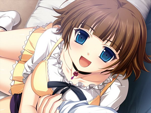 Anime picture 1024x768 with comu -kuroi ryuu to yasashii oukoku- ayaya enishi short hair open mouth blue eyes brown hair game cg girl