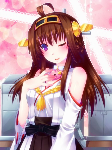 Anime picture 750x1000 with kantai collection kongou battleship door to heaven single long hair tall image looking at viewer blush smile brown hair purple eyes bare shoulders ahoge traditional clothes one eye closed wink nontraditional miko girl hair ornament detached sleeves