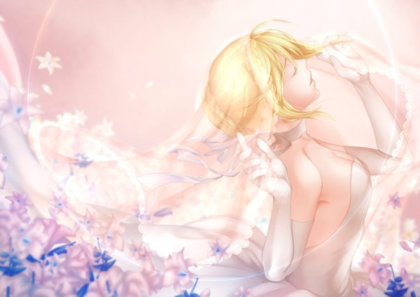Anime picture 1412x1000 with fate (series) fate/stay night studio deen type-moon artoria pendragon (all) saber arkray single short hair open mouth blonde hair eyes closed profile girl dress gloves flower (flowers) elbow gloves