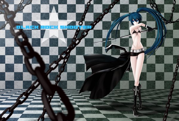 Anime picture 2288x1550 with black rock shooter black rock shooter (character) long hair highres blue eyes twintails blue hair shorts
