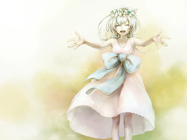 Anime picture 1080x810 with joka (night gate) single short hair open mouth blonde hair smile eyes closed outstretched arm girl dress flower (flowers) bow wreath