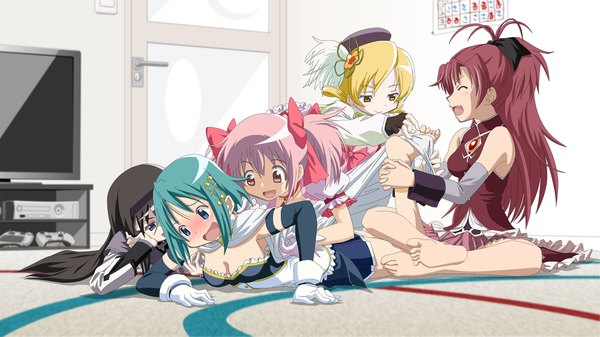 Anime picture 2000x1125 with mahou shoujo madoka magica shaft (studio) akemi homura kaname madoka sakura kyouko miki sayaka tomoe mami knives (artist) long hair blush highres short hair open mouth blue eyes black hair blonde hair red eyes wide image multiple girls blue hair