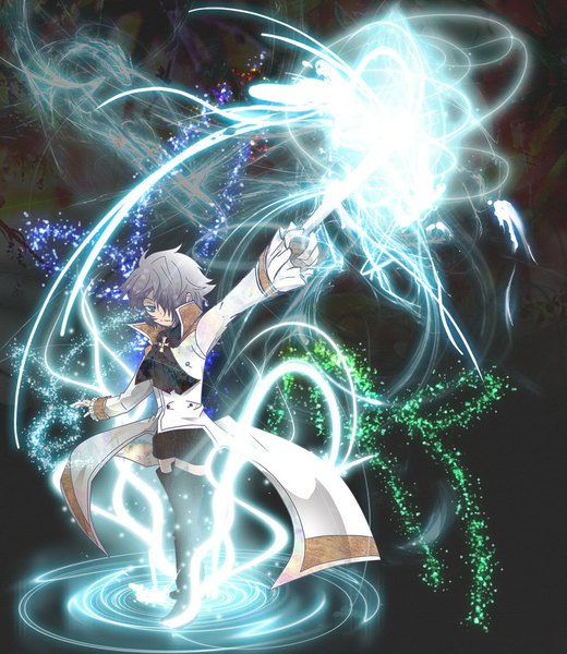 Anime picture 888x1024 with saint seiya saint seiya: the lost canvas toei animation tagme (character) single tall image fringe simple background standing looking away aqua eyes grey hair hair over one eye outstretched arm magic black background boy bow boots thigh boots