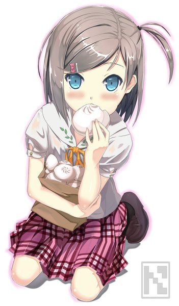 Anime picture 728x1242 with hentai ouji to warawanai neko j.c. staff tsutsukakushi tsukiko muite single tall image looking at viewer blush short hair blue eyes simple background sitting full body from above grey hair arm support one side up plaid skirt eating food in mouth