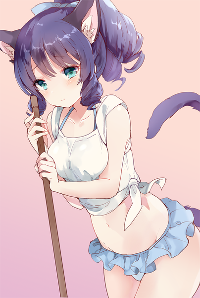 Anime picture 650x966 with show by rock!! studio bones cyan (show by rock!!) kanaiko single tall image looking at viewer fringe short hair breasts light erotic simple background animal ears purple hair ponytail tail animal tail aqua eyes cat ears cat girl