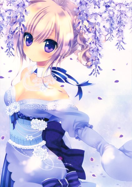 Anime picture 2560x3629 with konno kengo single tall image highres short hair blonde hair purple eyes japanese clothes girl flower (flowers) petals kimono obi