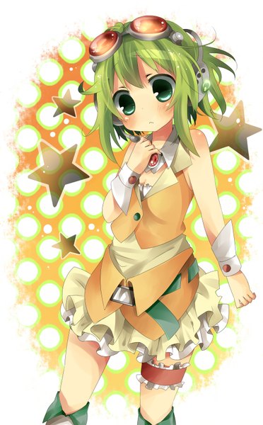 Anime picture 1000x1612 with vocaloid gumi udukiasa (artist) single tall image blush short hair bare shoulders green eyes green hair looking down girl dress headphones star (symbol) microphone goggles