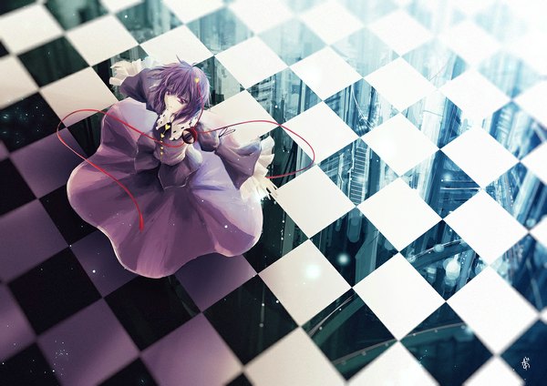 Anime picture 1192x843 with touhou komeiji satori arufa (hourai-sugar) single purple hair reflection looking up spread arms checkered floor checkered girl