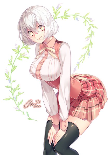 Anime picture 706x979 with original mirunai single tall image looking at viewer fringe short hair breasts simple background smile large breasts standing white background signed yellow eyes bent knee (knees) white hair pleated skirt leaning zettai ryouiki