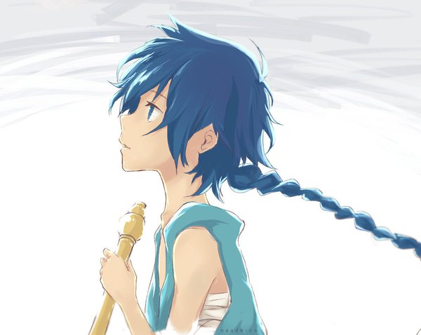 Anime picture 900x717 with magi the labyrinth of magic a-1 pictures aladdin (magi) naade-co single long hair fringe blue eyes simple background white background holding signed blue hair looking away upper body ahoge braid (braids) traditional clothes parted lips profile