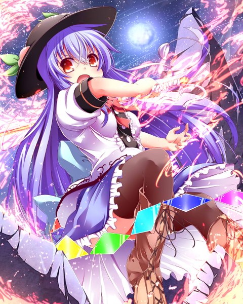 Anime picture 2000x2500 with touhou hinanawi tenshi wakagi repa single long hair tall image highres open mouth red eyes purple hair girl thighhighs dress weapon black thighhighs hat sword boots moon fire