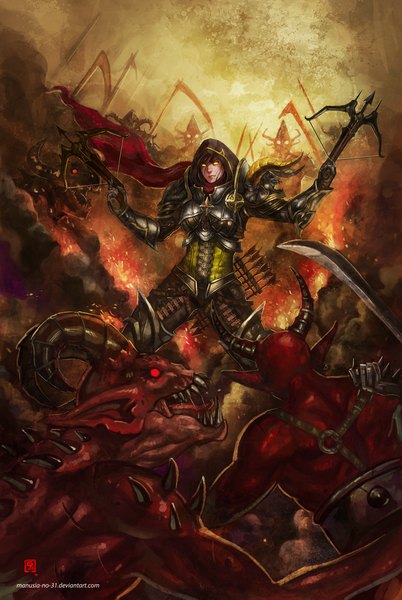 Anime picture 1063x1587 with diablo (game) blizzard entertainment manusia-no-31 tall image red eyes brown hair signed yellow eyes horn (horns) pointy ears teeth glowing smoke glowing eye (eyes) sharp teeth demon army red skin girl weapon
