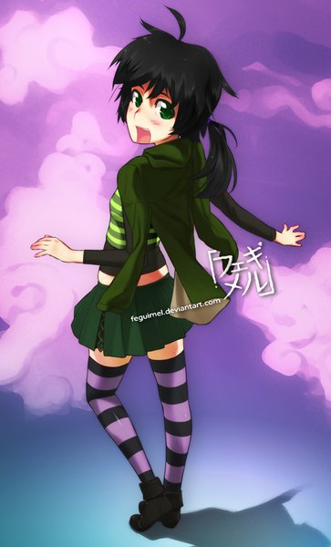 Anime picture 605x1000 with original feguimel single long hair tall image blush open mouth black hair green eyes signed looking back from above girl thighhighs skirt striped thighhighs