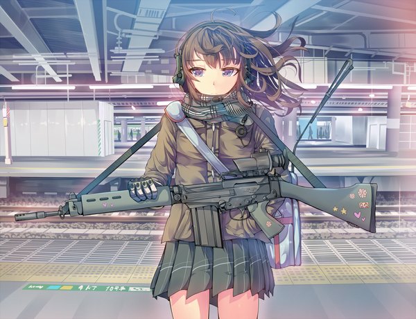 Anime picture 1000x767 with original daito (daito369) single long hair blue eyes brown hair looking away pleated skirt wind girl skirt gloves weapon miniskirt jacket headphones scarf gun microphone sniper rifle