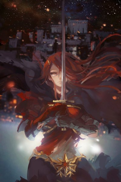Anime picture 900x1352 with original pixiv fantasia pixiv fantasia fallen kings stu dts long hair tall image red eyes sky red hair wind night looking up scenic girl gloves weapon sword building (buildings) star (stars) cape