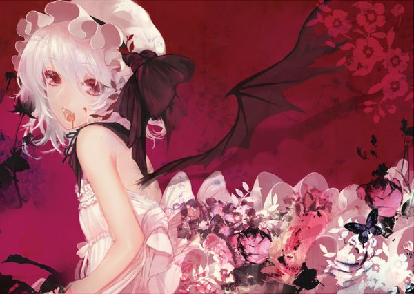 Anime picture 1295x923 with touhou remilia scarlet ut (apt) single looking at viewer short hair red eyes white hair turning head bat wings girl dress flower (flowers) wings frills insect butterfly blood bonnet