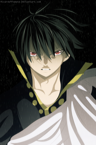 Anime picture 1000x1506 with fairy tail zeref ric9duran single tall image short hair black hair red eyes coloring portrait rain angry boy cloak