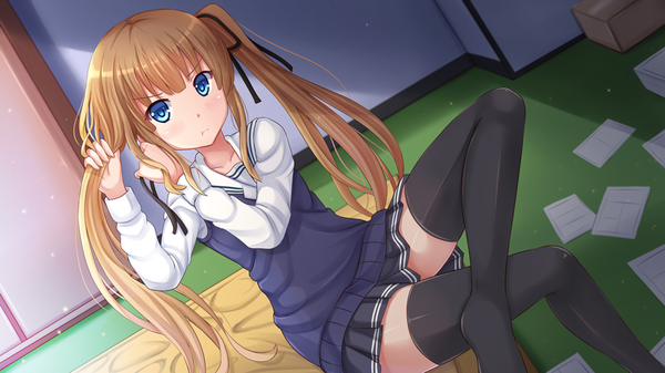 Anime picture 1280x720 with saenai heroine no sodatekata a-1 pictures sawamura spencer eriri kazenokaze single long hair blue eyes blonde hair wide image sitting twintails girl thighhighs skirt ribbon (ribbons) black thighhighs hair ribbon vest