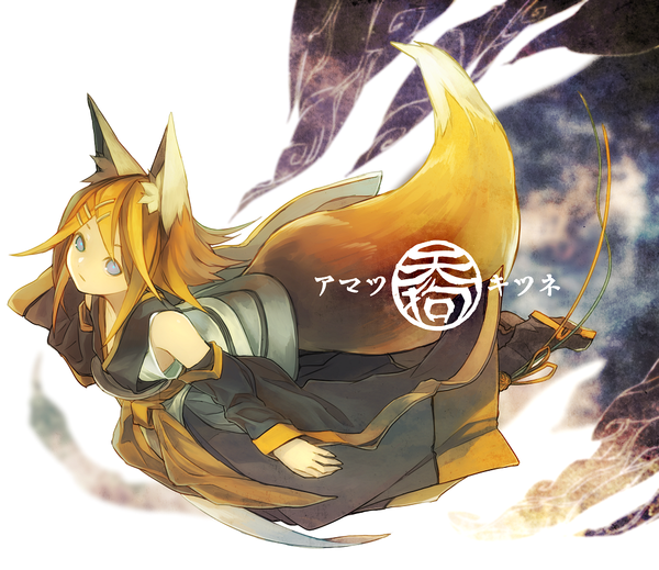 Anime picture 1023x886 with vocaloid kagamine rin kitsune (kazenouta) single looking at viewer short hair blue eyes blonde hair bare shoulders traditional clothes japanese clothes fox ears fox tail fox girl flying girl hair ornament detached sleeves hairclip