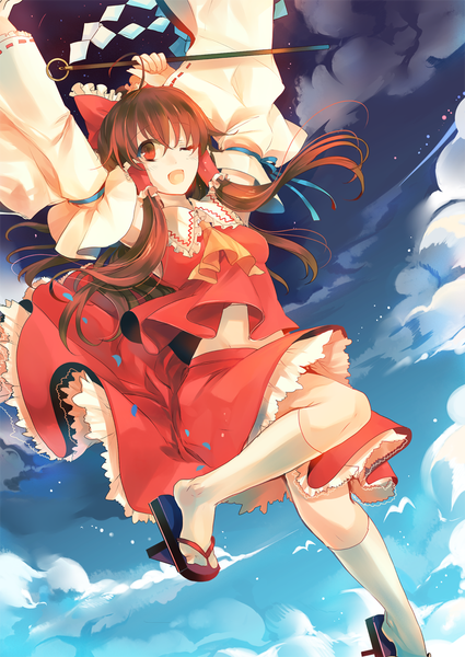 Anime picture 799x1129 with touhou hakurei reimu kirero (pixiv) long hair tall image blush open mouth red eyes brown hair traditional clothes one eye closed wink miko girl skirt bow hair bow detached sleeves socks white socks