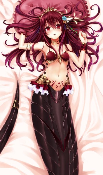 Anime picture 707x1200 with original taletale single long hair tall image blush light erotic red eyes red hair multicolored hair mole two-tone hair armpit (armpits) mole under eye monster girl lamia girl navel hair ornament