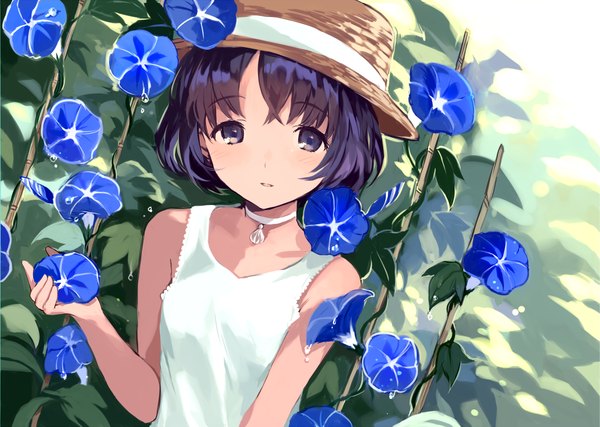 Anime picture 1193x850 with original tan (tangent) single looking at viewer blush short hair black hair bare shoulders black eyes girl flower (flowers) hat choker sundress morning glory