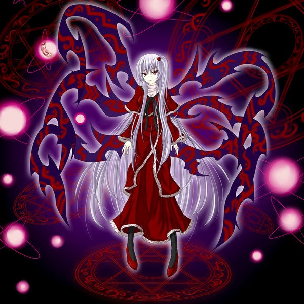Anime picture 3000x3000 with touhou shinki (touhou) gmot single long hair highres red eyes absurdres white hair one side up magic girl dress wings red dress magic circle