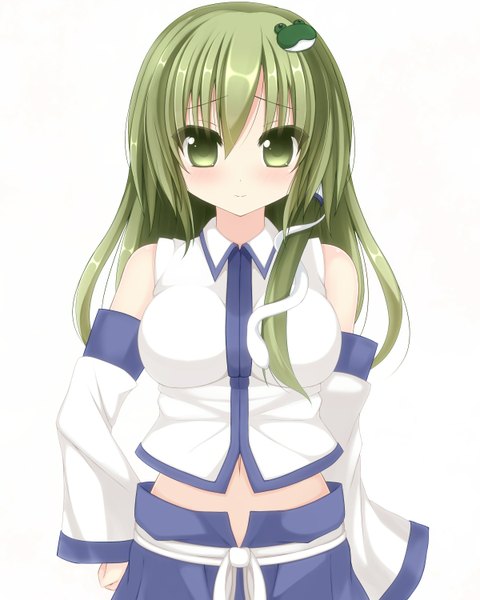 Anime picture 1200x1500 with touhou kochiya sanae chimunge single long hair tall image looking at viewer blush simple background white background green eyes green hair girl hair ornament detached sleeves