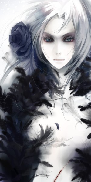 Anime picture 600x1200 with original pixiv fantasia pixiv fantasia iii kyoka hatori single long hair tall image looking at viewer silver hair hair flower nude grey eyes girl hair ornament flower (flowers) blood feather (feathers)