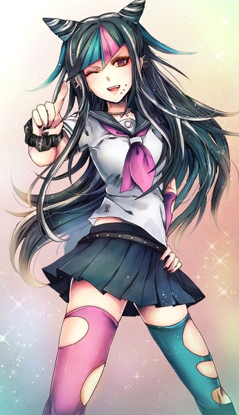 Anime picture 724x1258 with dangan ronpa super dangan ronpa 2 mioda ibuki z-epto (chat-noir86) single long hair tall image looking at viewer open mouth brown hair nail polish pleated skirt one eye closed multicolored hair fingernails wink zettai ryouiki streaked hair hand on hip piercing
