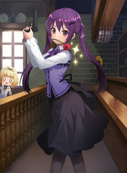Anime picture 750x1018 with gochuumon wa usagi desu ka? white fox tedeza rize kirima sharo sl86 long hair tall image looking at viewer blonde hair purple eyes twintails multiple girls holding purple hair mouth hold flower in mouth girl dress flower (flowers) weapon