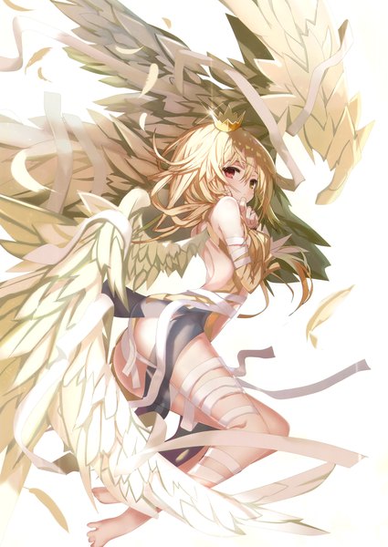 Anime picture 2338x3300 with original eshi 100-nin ten shino (eefy) single long hair tall image highres light erotic blonde hair red eyes white background looking back scan official art girl wings bandage (bandages) crown