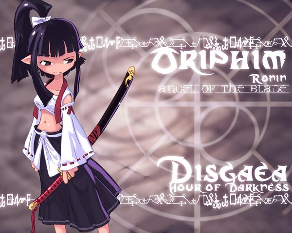 Anime picture 1280x1024 with disgaea ronin (disgaea) single long hair brown eyes purple hair pointy ears midriff copyright name character names third-party edit sheathed girl weapon detached sleeves sword sheath