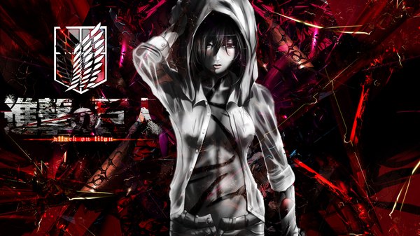 Anime picture 1920x1080 with shingeki no kyojin production i.g mikasa ackerman brianchan.t.w dinocojv single fringe highres short hair breasts light erotic black hair wide image parted lips lips inscription open clothes open shirt wallpaper copyright name