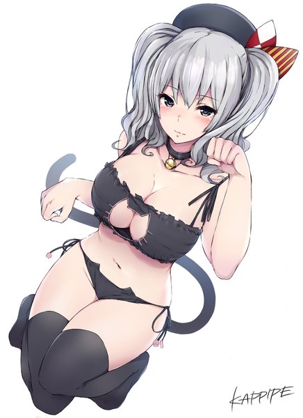 Anime picture 1090x1500 with kantai collection kashima training cruiser kappipe (brd0520) single long hair tall image looking at viewer blush fringe breasts light erotic simple background large breasts white background twintails signed bent knee (knees) tail animal tail lips