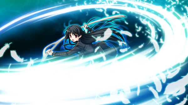 Anime picture 2580x1440 with shinigami no testament ichinose yua makita maki long hair highres open mouth black hair red eyes wide image game cg girl uniform weapon school uniform sword katana feather (feathers)
