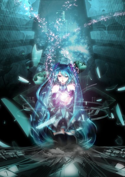 Anime picture 2046x2894 with vocaloid hatsune miku single long hair tall image blush highres open mouth twintails bare shoulders absurdres very long hair aqua eyes lips aqua hair zettai ryouiki girl thighhighs skirt flower (flowers)