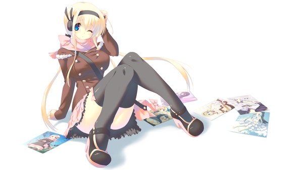Anime picture 1920x1080 with original mutsuno hekisa single long hair highres blue eyes blonde hair simple background wide image white background one eye closed wink girl thighhighs skirt black thighhighs miniskirt shoes jacket headphones