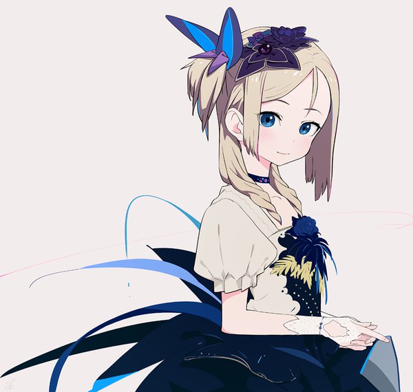 Anime picture 842x800 with original sohin single long hair looking at viewer blush blue eyes simple background blonde hair smile payot upper body short sleeves puffy sleeves side ponytail pink background hands clasped asymmetrical hair girl dress