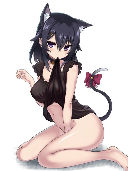 Anime picture 1050x1400 with original maou single long hair tall image looking at viewer breasts light erotic black hair white background purple eyes animal ears cat ears cat girl girl navel bow