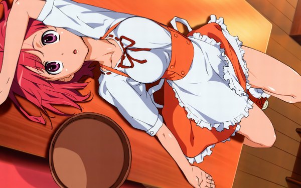 Anime picture 2560x1600 with toradora j.c. staff kushieda minori highres wide image purple eyes red hair lying bare legs frilly skirt waitress skin tight apron table lace