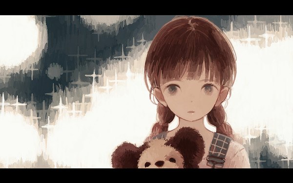 Anime picture 1000x625 with a.i.loveyou! mitsuki mouse single long hair looking at viewer brown hair wide image braid (braids) grey eyes twin braids letterboxed girl toy stuffed animal child (children) teddy bear suspenders