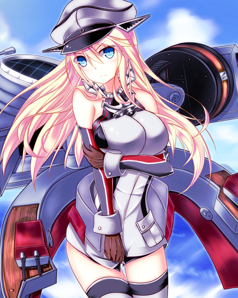 Anime picture 800x1000 with kantai collection bismarck battleship tkfm single long hair tall image breasts blue eyes blonde hair bare shoulders girl gloves elbow gloves peaked cap
